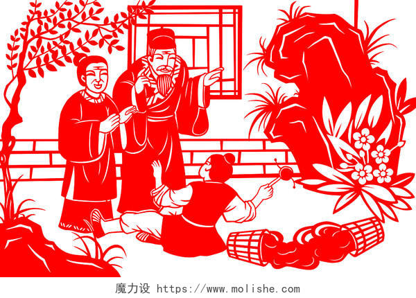 红色传统剪纸插画元素戏彩娱亲二十四孝故事中国风